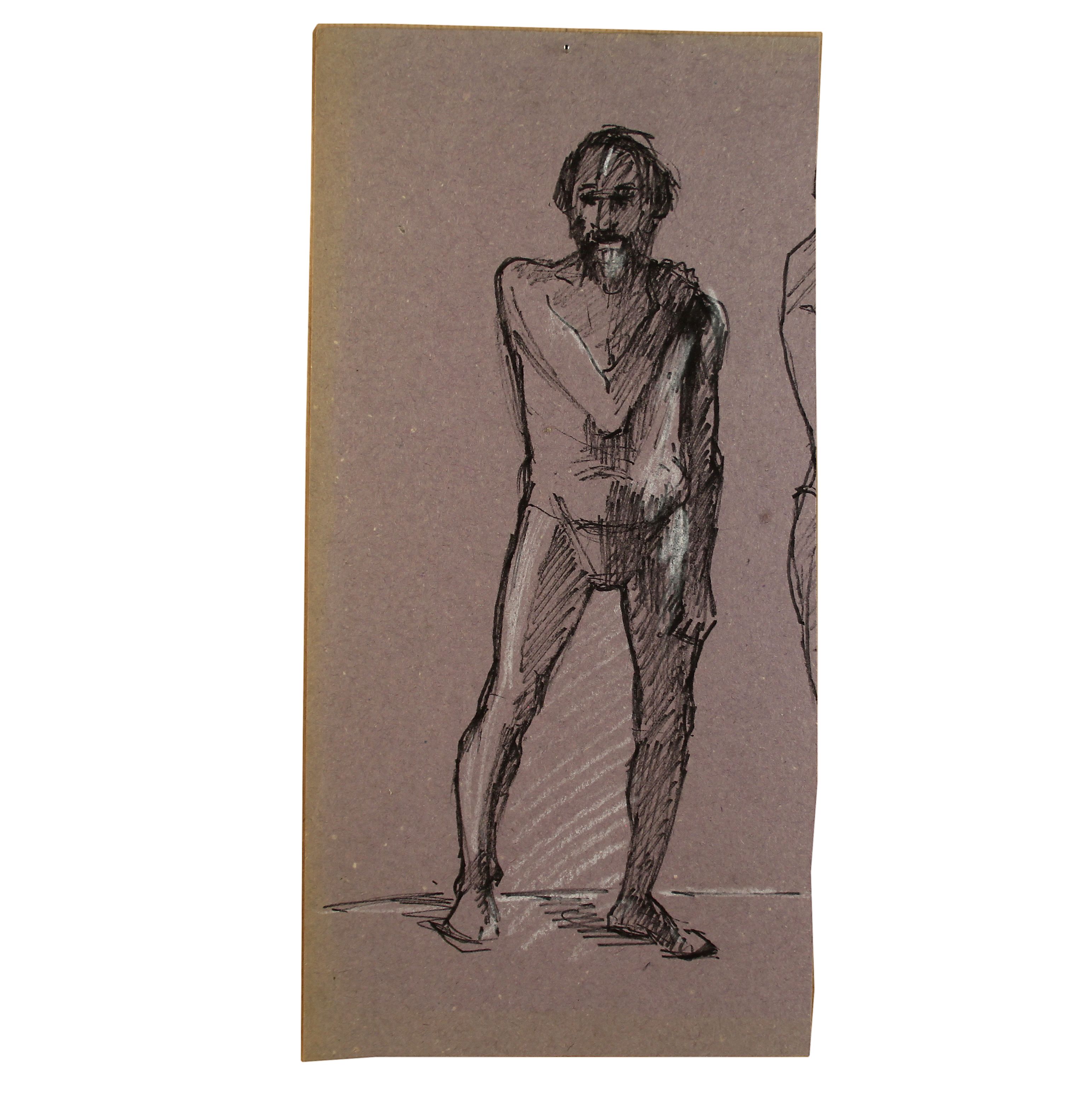 
Original Pen Ink Standing Bearded Male Thong Nude Life Drawing Stella Rash c1950 - Full Image